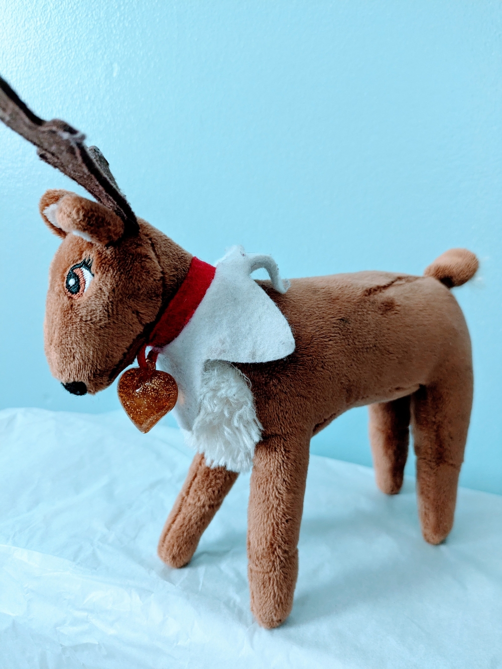 Plush Elf Pets Brown Reindeer Dog Toy with Red Collar and White Fur Accent